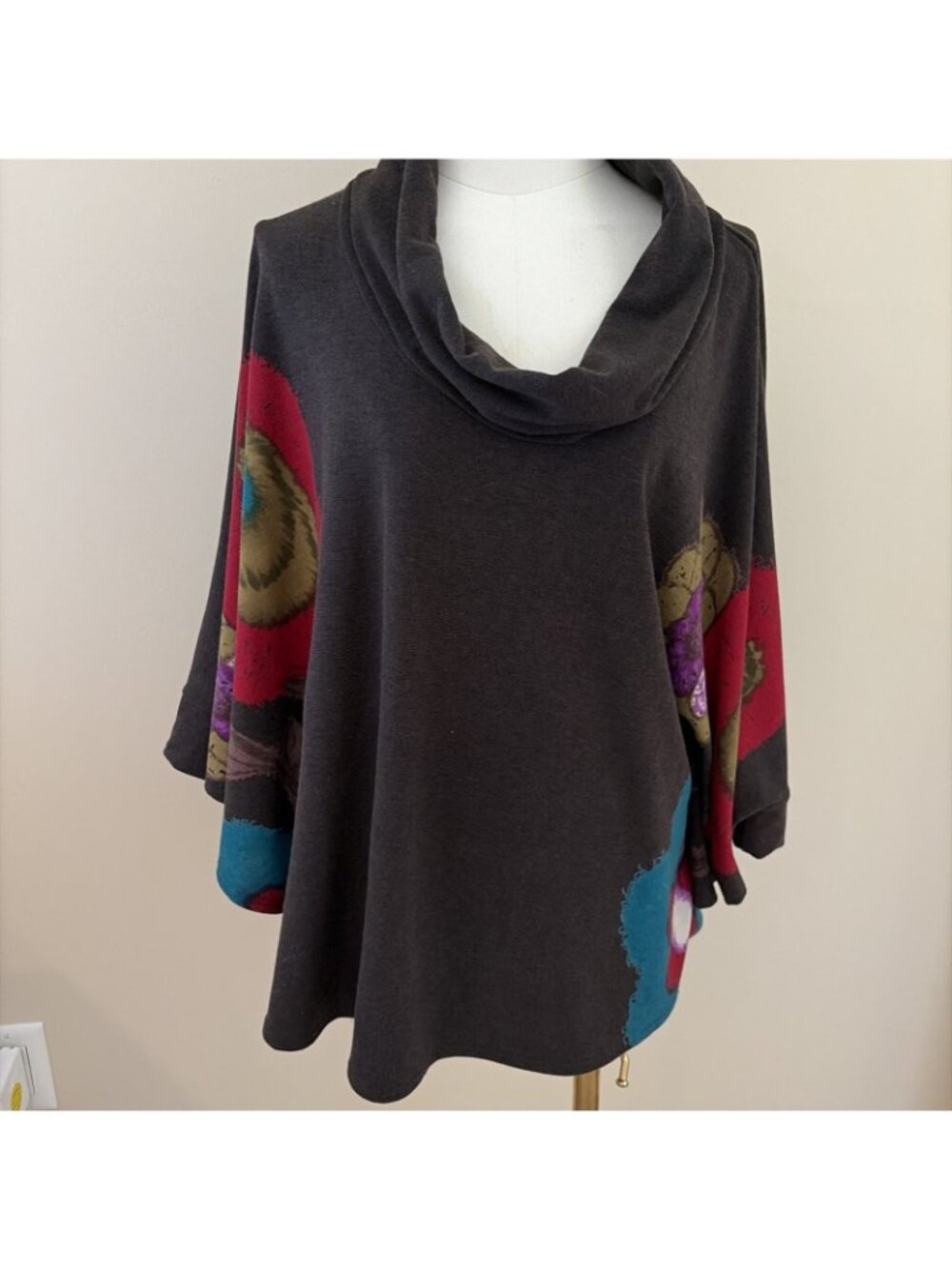NorthStyle Cowl Neck Poncho Cape Sweater Size XL Brown Floral Artsy Maximalist - Picture 5 of 10